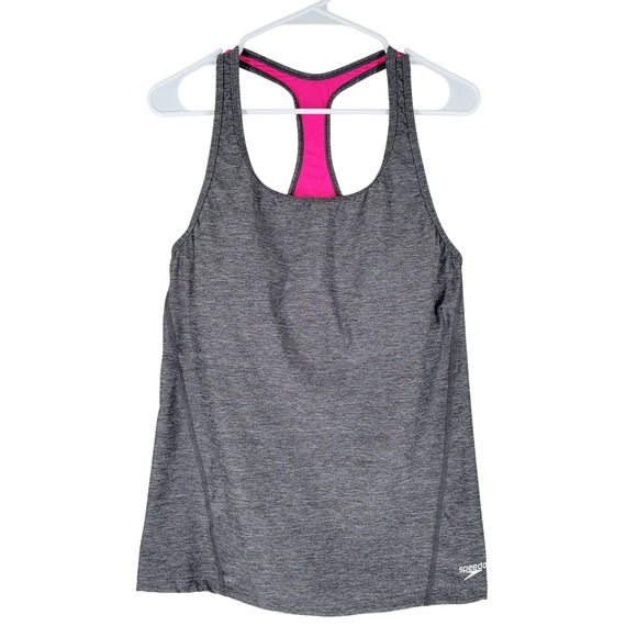 Speedo Athletic Tank Top Women 14 Gray Pink Bulit In Bra Racerback Athleisure